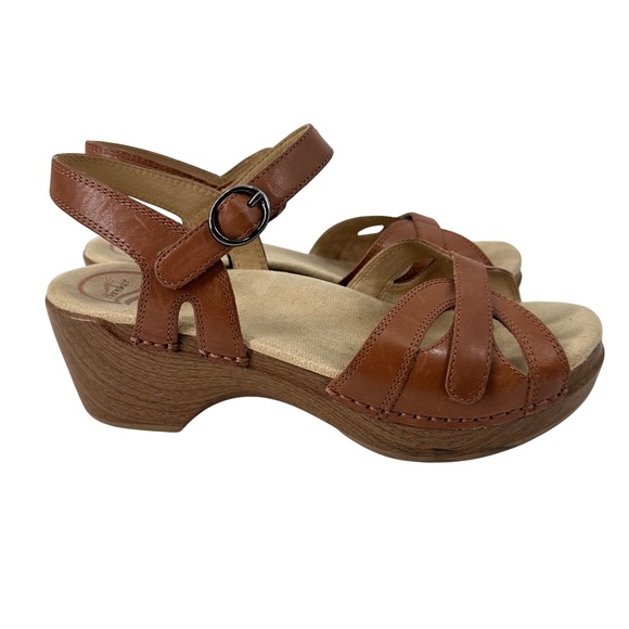 Dansko Leather Sandals Season Camel Womens 38 Brown Comfort Ankle Strap Buckle - Picture 1 of 10